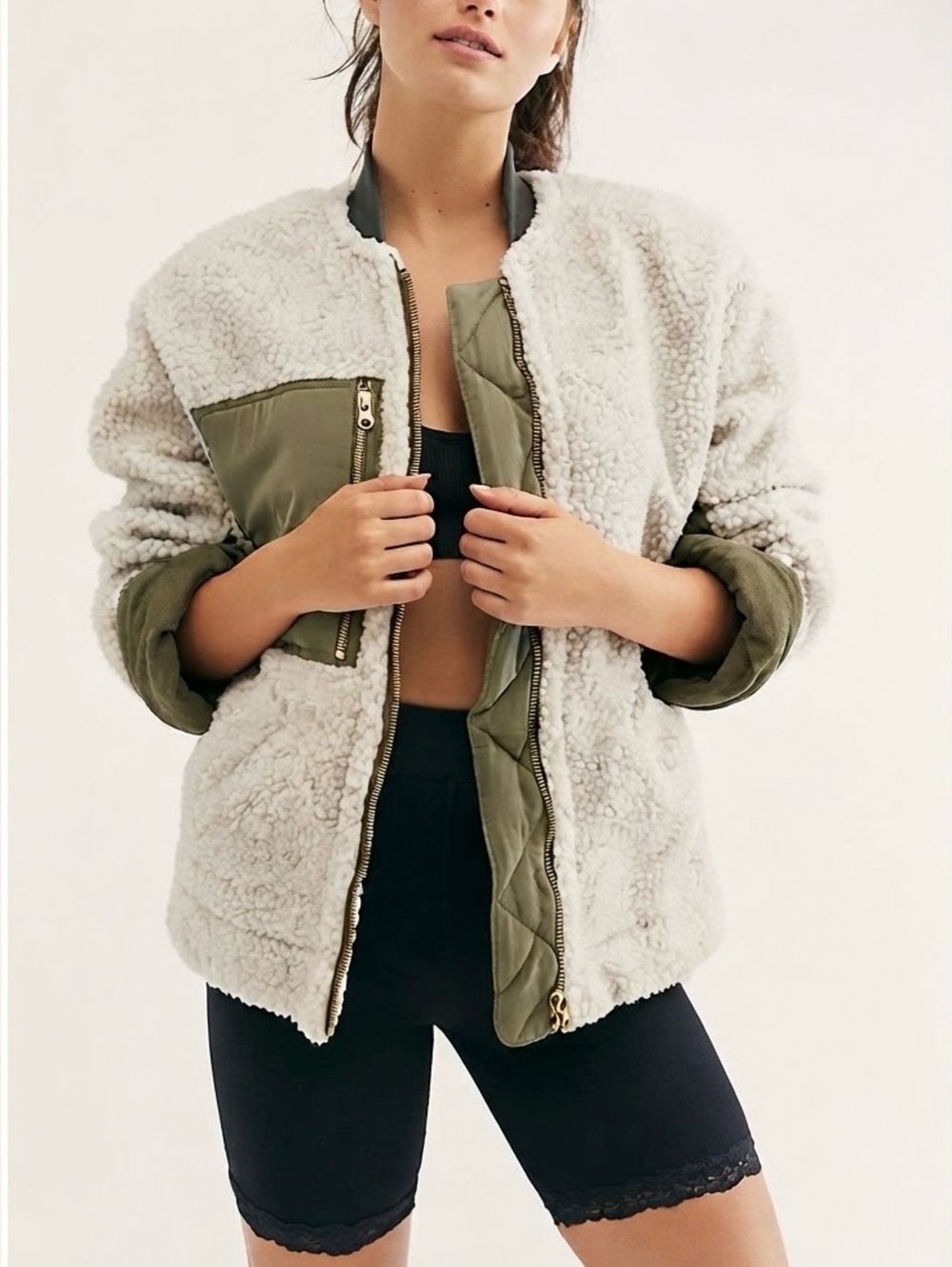 Free People We The Free Rivington Olive Green Sherpa Bomber Jacket Size XS